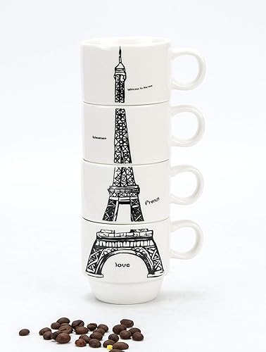 Miniatura 2 de Uniware Chic Eiffel Tower Paris - Juego de tazas de café de porcelana apilables con soporte de acero inoxidable, caja de regalo (juego de 4 tazas)