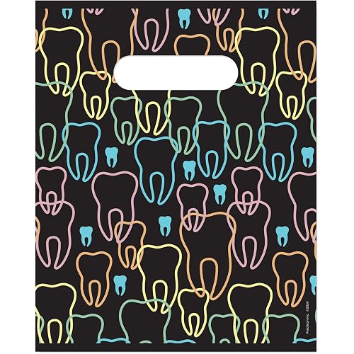 Practicon Neon Teeth 8" x 10" Dental Patient Bag, Dental Hygiene Patient Care Care Bag, Dentist Office Plastic Bags, 100 Pack