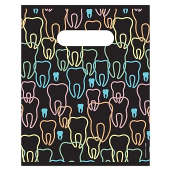 Practicon Neon Teeth 8" x 10" Dental Patient Bag, Dental Hygiene Patient Care Care Bag, Dentist Office Plastic Bags, 100 Pack