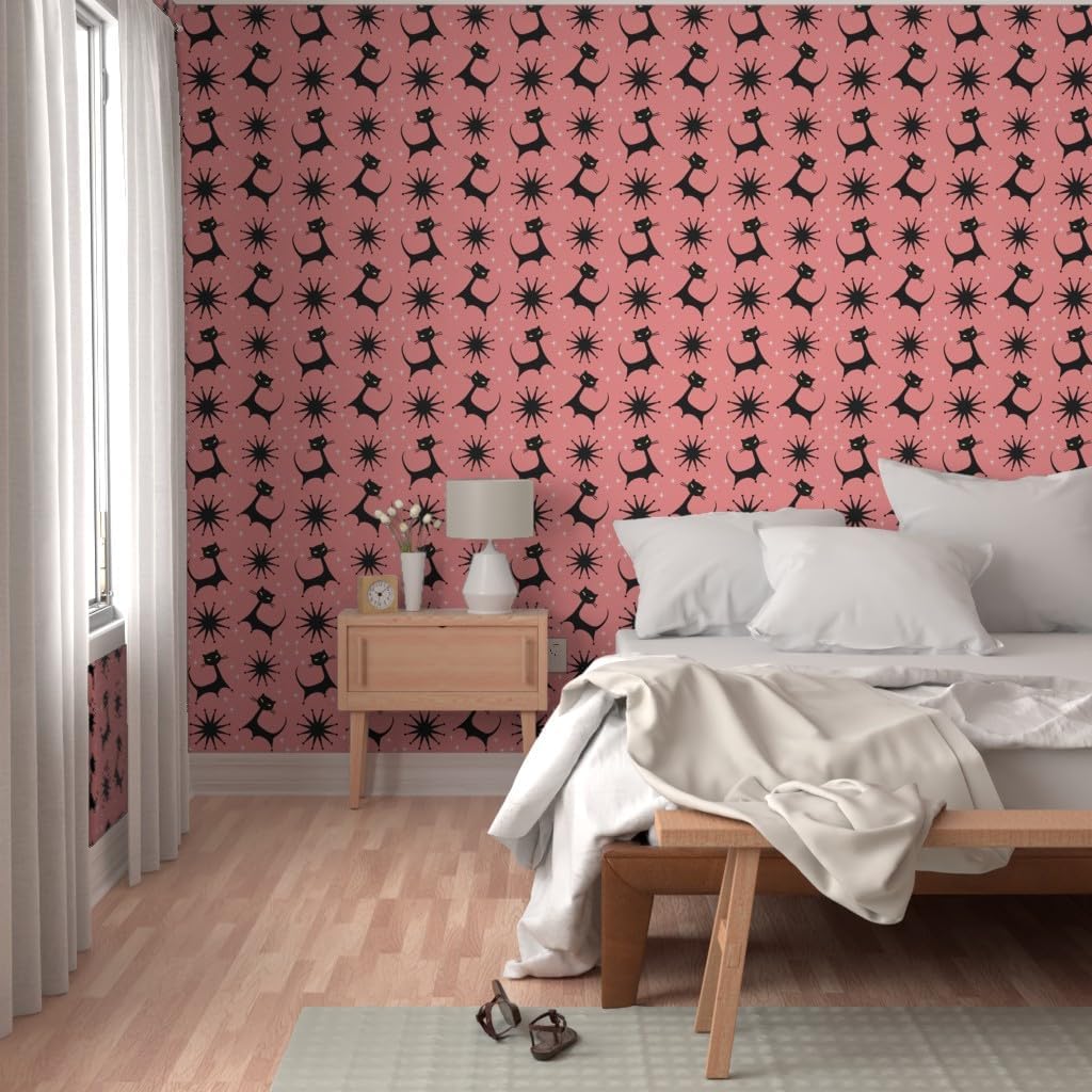 Peel & Stick Wallpaper 6ft x 2ft - Pink Vintage Retro Kitsch Atomic Mid Century Kitty Cat Custom Removable Wallpaper by Spoonflower