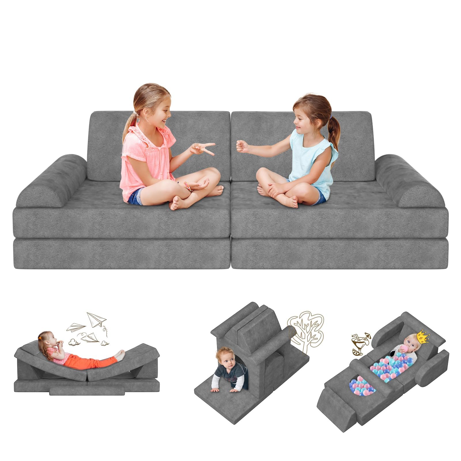 10Pcs Modular Kids Play Couch, DIY Convertible Foam Sofa for Playing, Creativity, Sleeping, Versatile Kid Sofa Building Fort, Kids Nugget Couch for Playroom Bedroom (Grey)