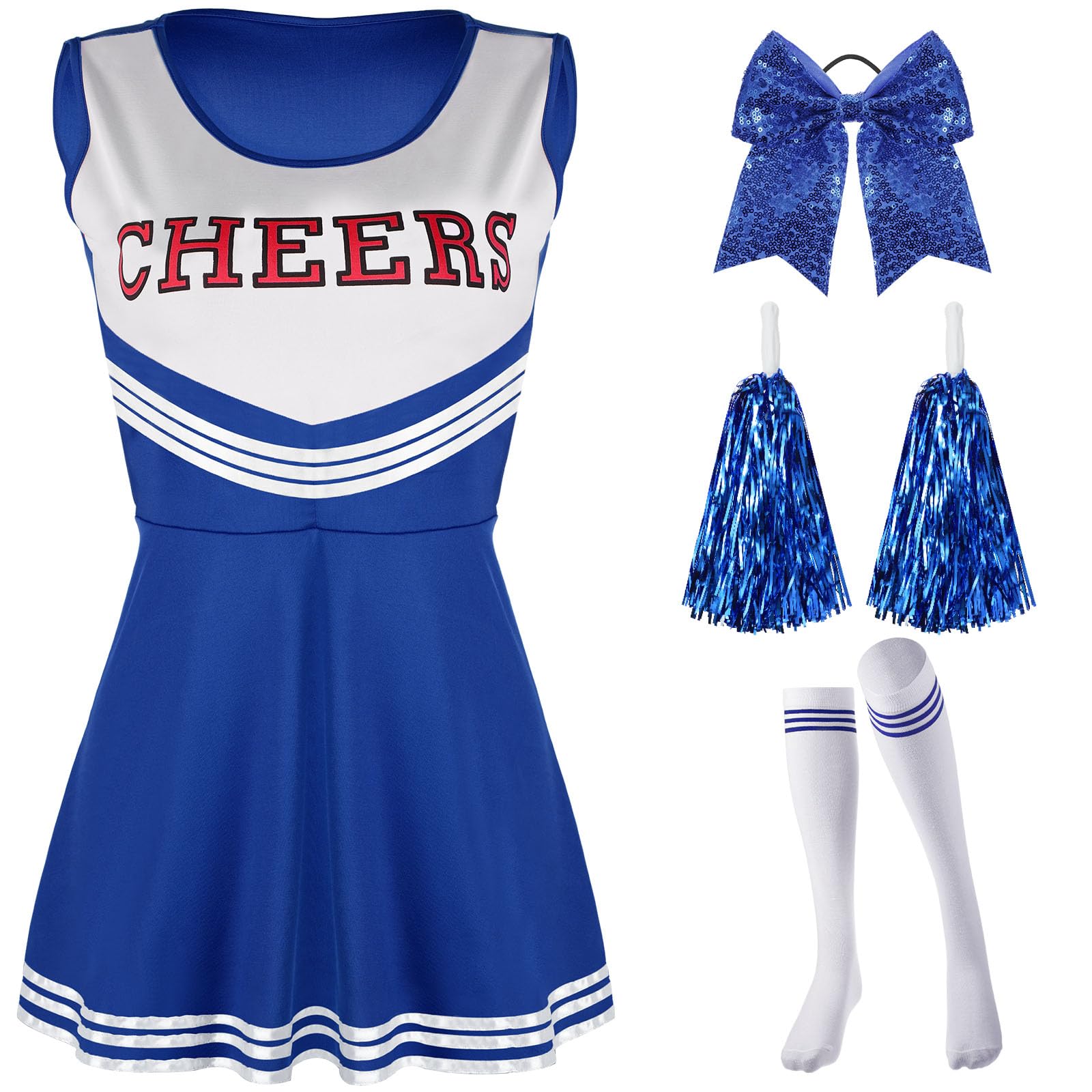 SATINIOR 4 Pcs Halloween Cheerleader Costumes for Women Girls Cheer Outfit Fancy Dress for Halloween Party (Blue, Medium)