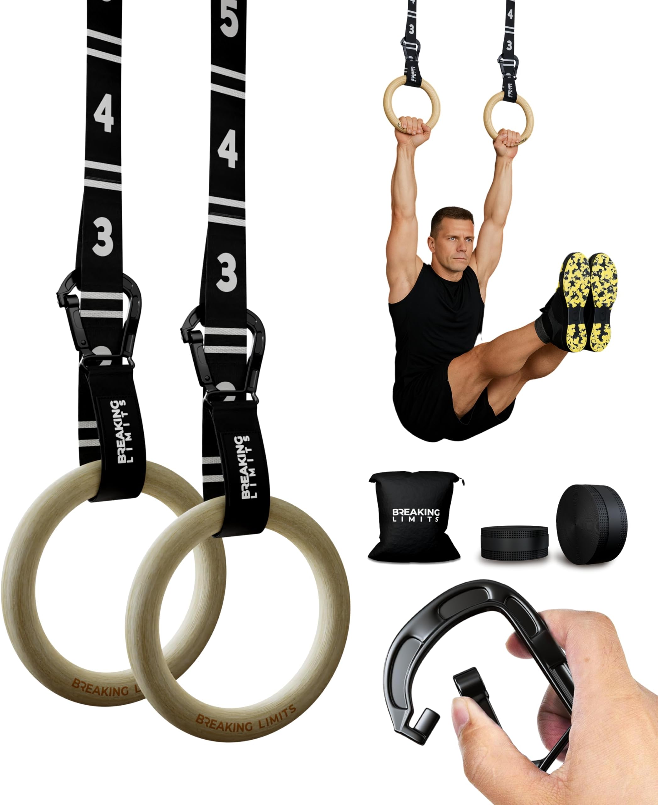 Gymnastics Rings - Adjustable Straps with Quick Release & Carabiner - Textured & Non-Slip Birch Wood Gym Rings - As Calisthenics Rings, Crossfit & Fitness Rings etc.