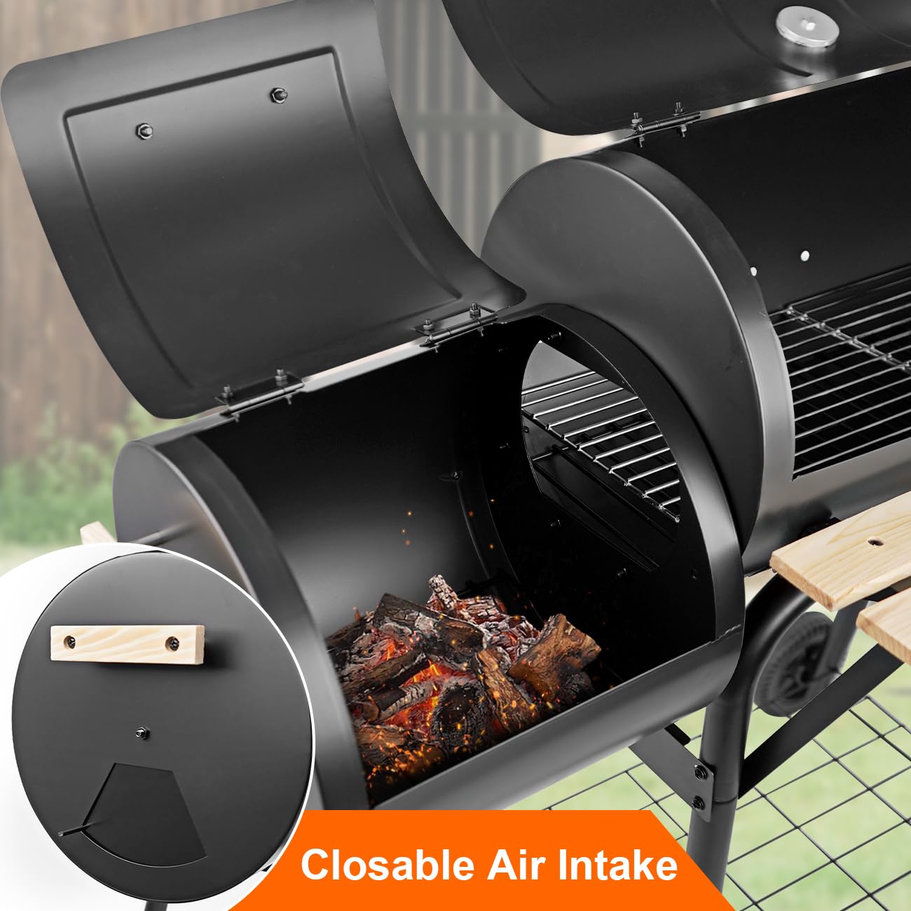 paxlloonge - Griglia a carbone con affumicatore offset e termometro, barbecue a barile e combinazione di affumicatori, spaziosa griglia per barbecue per feste in campeggio all'aperto sul retro