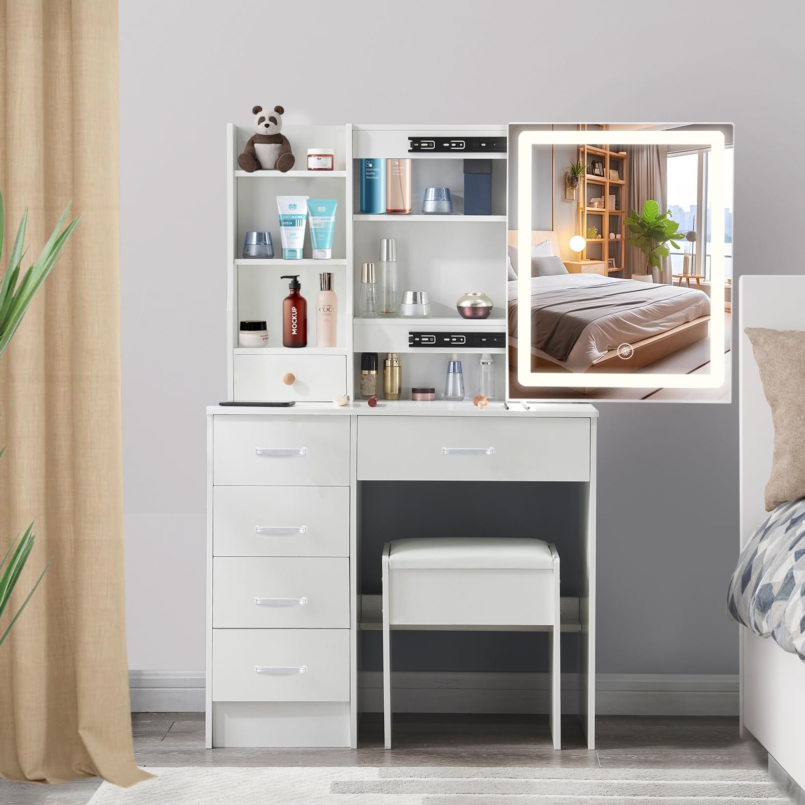 Guanglai Makeup Vanity Table with Drawers and LED Lights, White Vanity Desk Set with LED Mirror and Shelves, Dresser Desk and Stool for Girls Bedroom