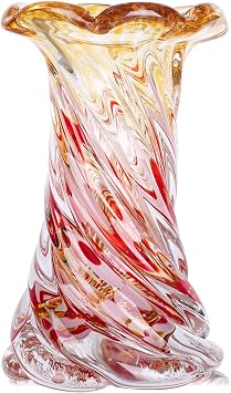 Hand Blown Art Glass Sculpture Vase,Heavy Large Opening Swirl/Tear Drop Shape,Murano Style Glass Flower Vase for Home Accent,Modern Teal Amber Bedroom Decor,Coffee Table Centerpieces Orange