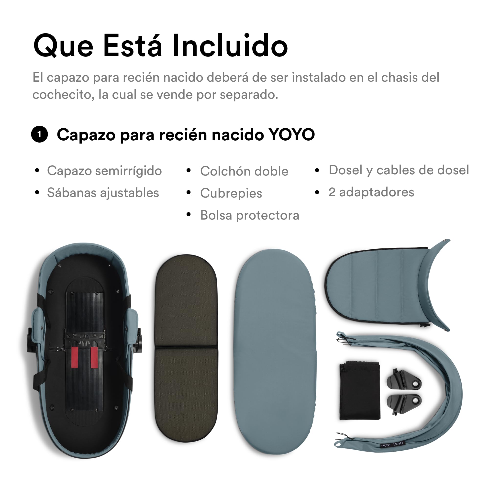 Capazo para Recién Nacido para Stokke YOYO, Aqua - Para bebés de hasta 6 meses o 9 kg - Incluye capazo semirrígido, colchón doble y cubrepiés - Requiere el chasis de YOYO (se vende por separado)