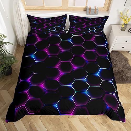 Miniatura 4 de Homewish Juego de funda de edredón de nido de abeja, tamaño King, color fucsia y azul, funda de edredón con luces de neón geométricas hexagonales,