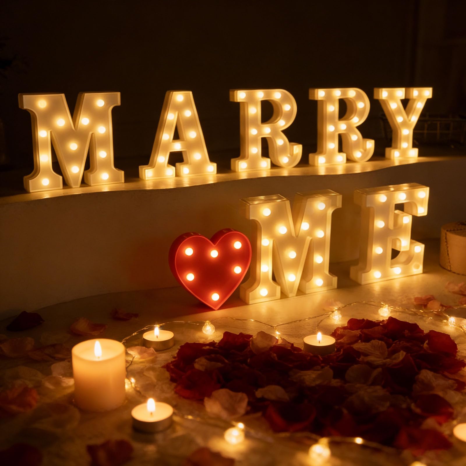 shulovehua Marry ME Heart-Shaped LED Letter Light Up Marquee Letters, Battery Powered Decorative Alphabet Light Up for Wedding Birthday Party,Holiday or Home Bar Decoration (Warm White)