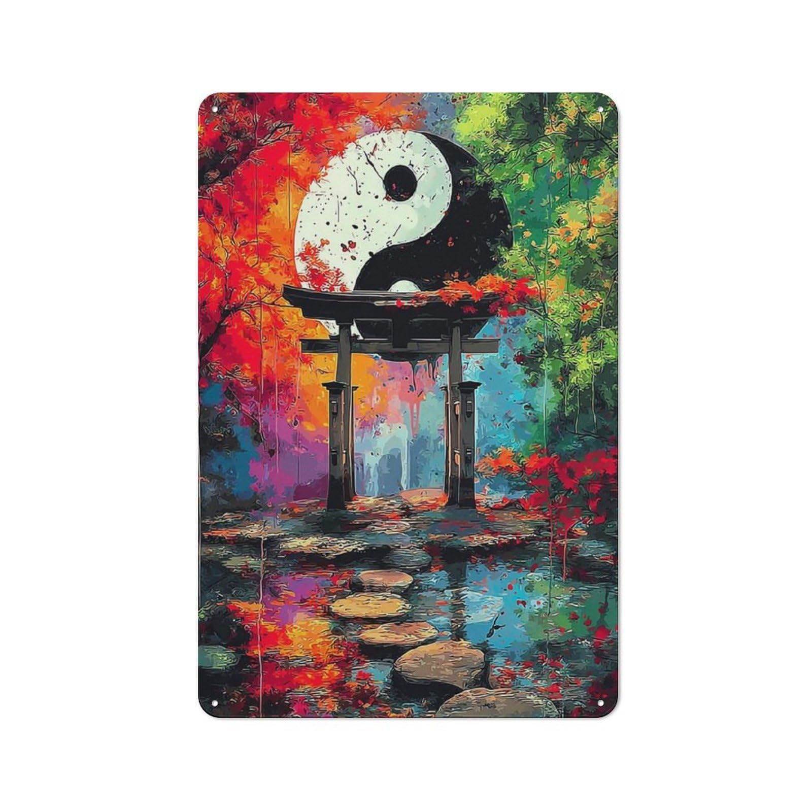 Junmoney Yin-Yang Symbol In Autumn Forest Tin Sign 30X20cm With For Bar Or Restaurant, Retro Decor, For Garage, Workshop And Man Cave Decoration