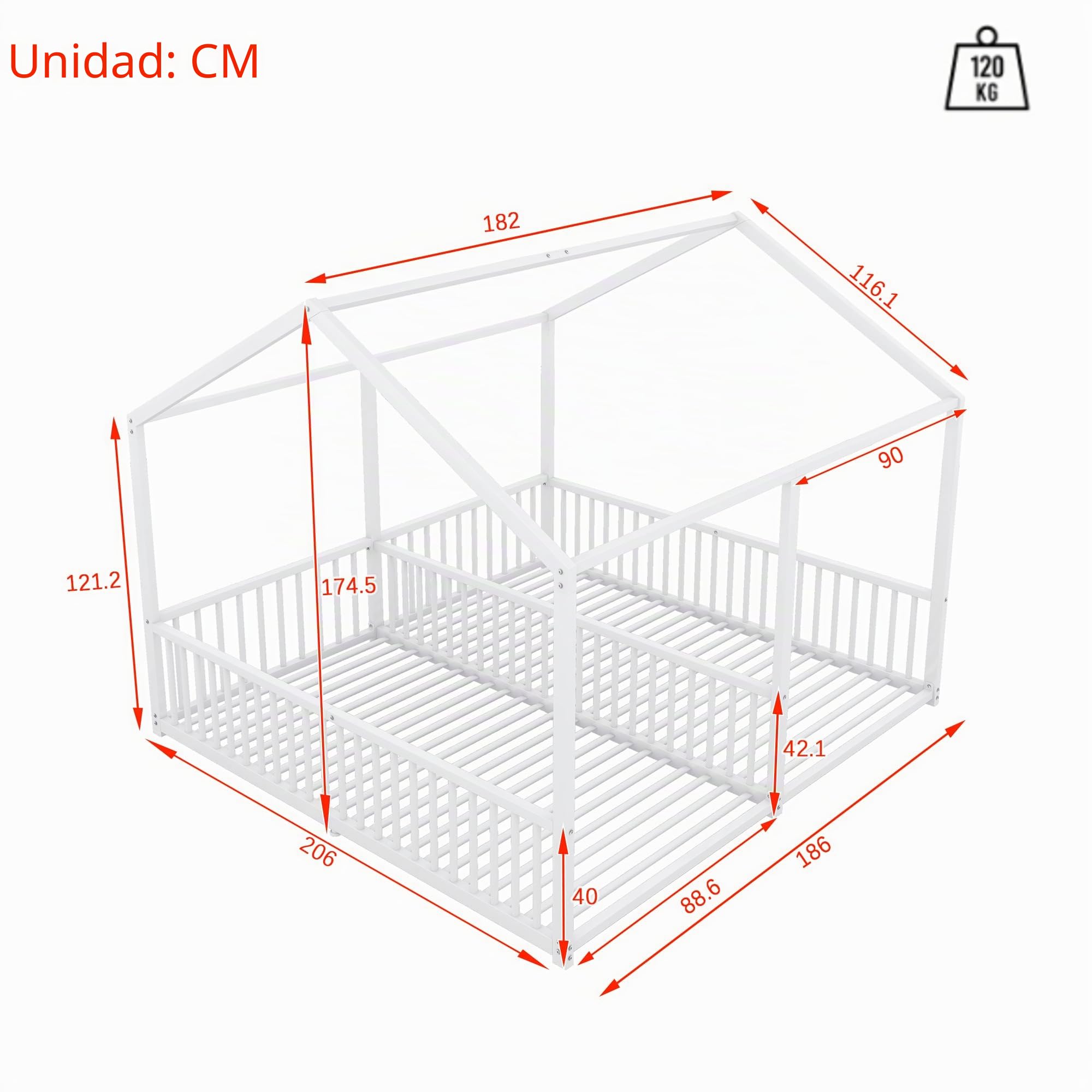 Cama infantil de suelo 90 x 200 cm para 2 niños, cama de metal, cama de casa para niños con barandilla, diseño doble, sin colchón, marco de hierro, color blanco