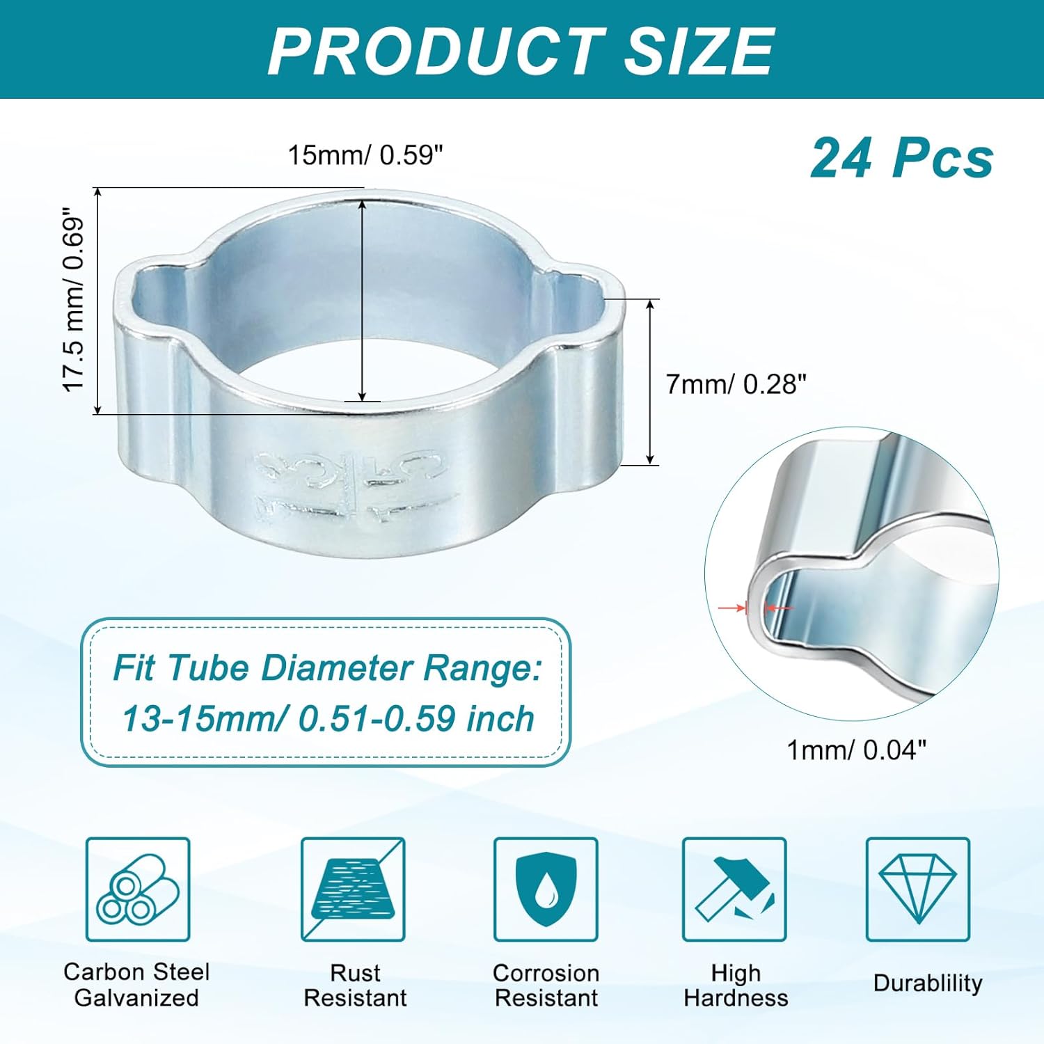 PATIKIL 24 Pcs Double Ear Hose Clamp, 13-15mm Zinc Plated Steel O Clip Crimp Rings, Pipe Clamps for Fuel Petrol Pipe Tube Fitting Connections