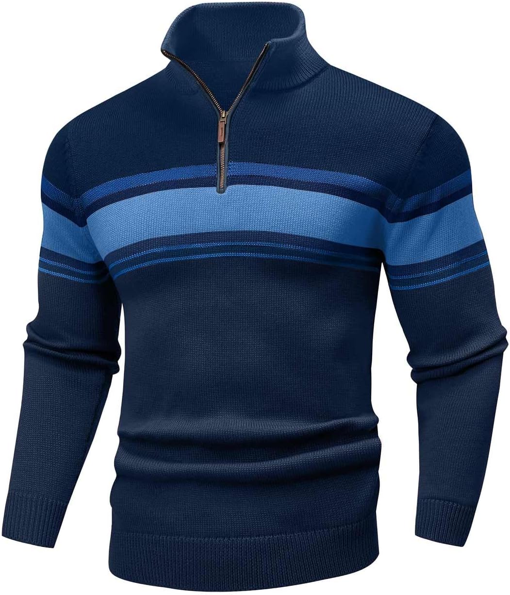 Mens Sweater Quarter Zip Sweater Casual Striped Long Sleeve Fall Winter Warm Polo Pullovers