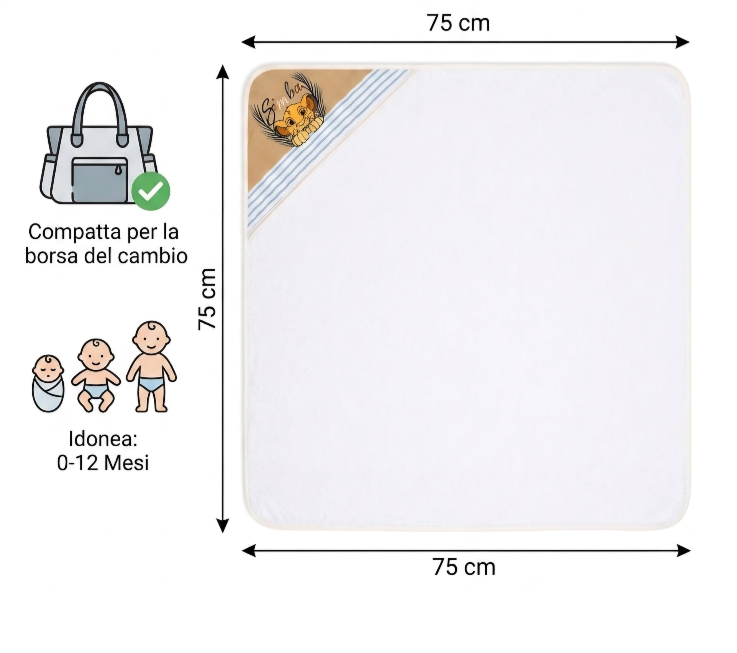 Ellepi Accappatoio Neonato Disney Baby Triangolo 75x75 cm – Idrospugna Innovativa Ultra Assorbente e Morbidissima – Telo Bagno Neonato con Cappuccio Simba e Milù (Simba)