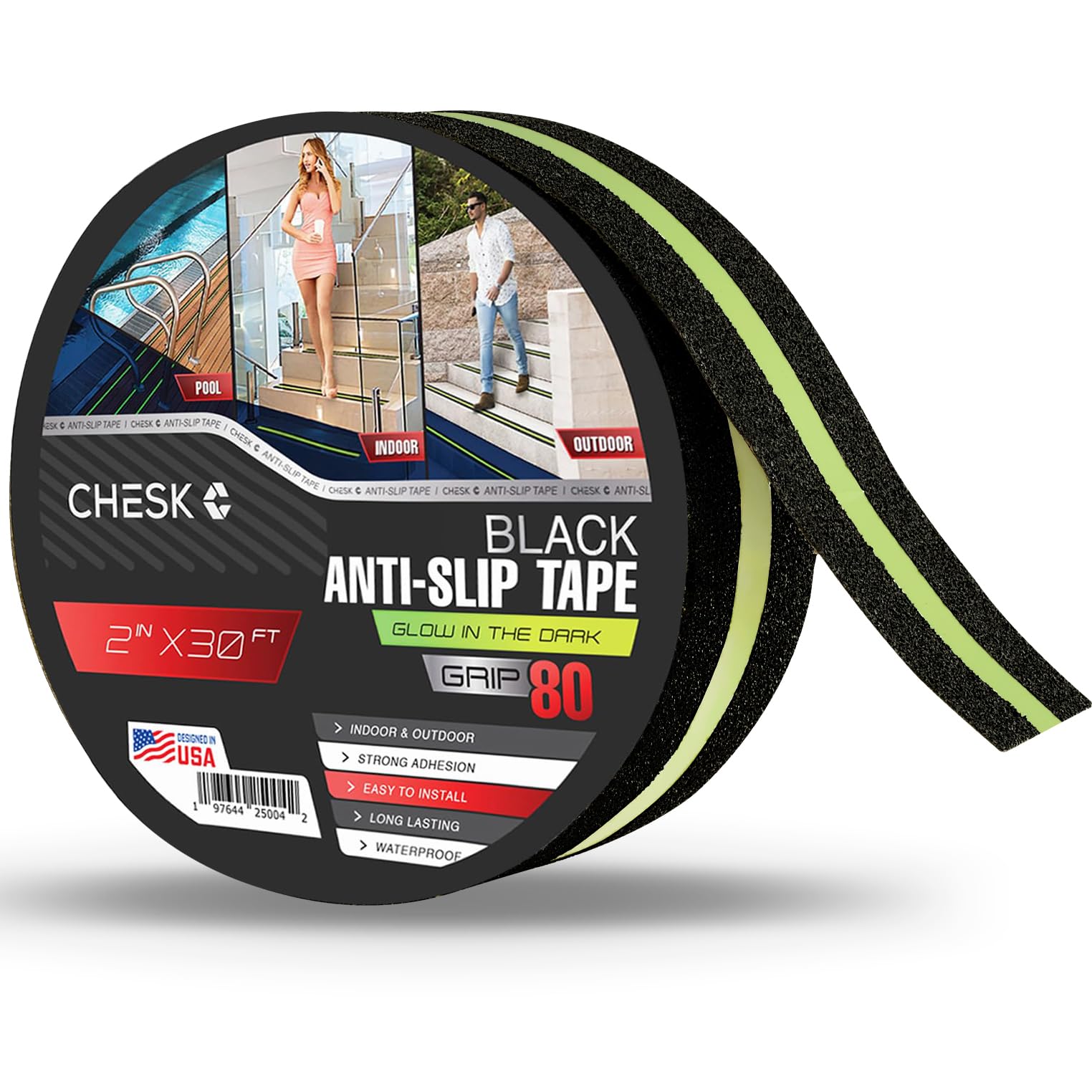 Chesk Grip Tape for Stairs – 2in x 30ft Glow in The Dark Black Grip Tape – Adhesive Stair Treads Non-Slip Indoor and Outdoor – Anti-Slip Stair Strips for Skateboard, Shower, Floor, Steps
