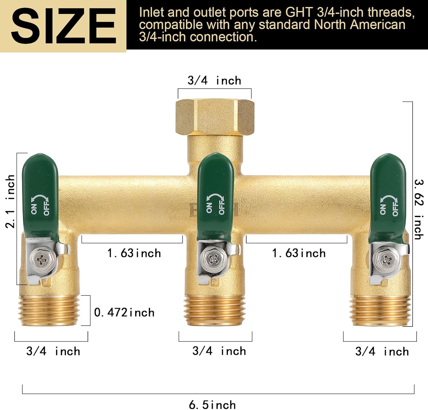 EBH Garden Hose Splitter, 3-Way High Flow Heavy Duty Brass Outdoor Hose Manifold with Long Handles Full Flow Faucet Adapter- 3/4” GHT(Green)