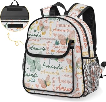 Personalized Toddler Backpack - Custom Kids Backpack for Boys & Girls 3-6 Years, Lightweight Polyester with Safety Whistle Strap, Small Daycare Bookbag | Butterfly Pink Green