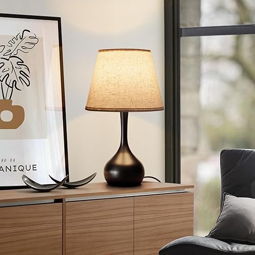 Miniatura 5 de ONEWISH Lámpara de noche táctil para dormitorio, lámparas de mesa de granja regulables de 3 vías para mesita de noche con pantalla de tela, lámpara