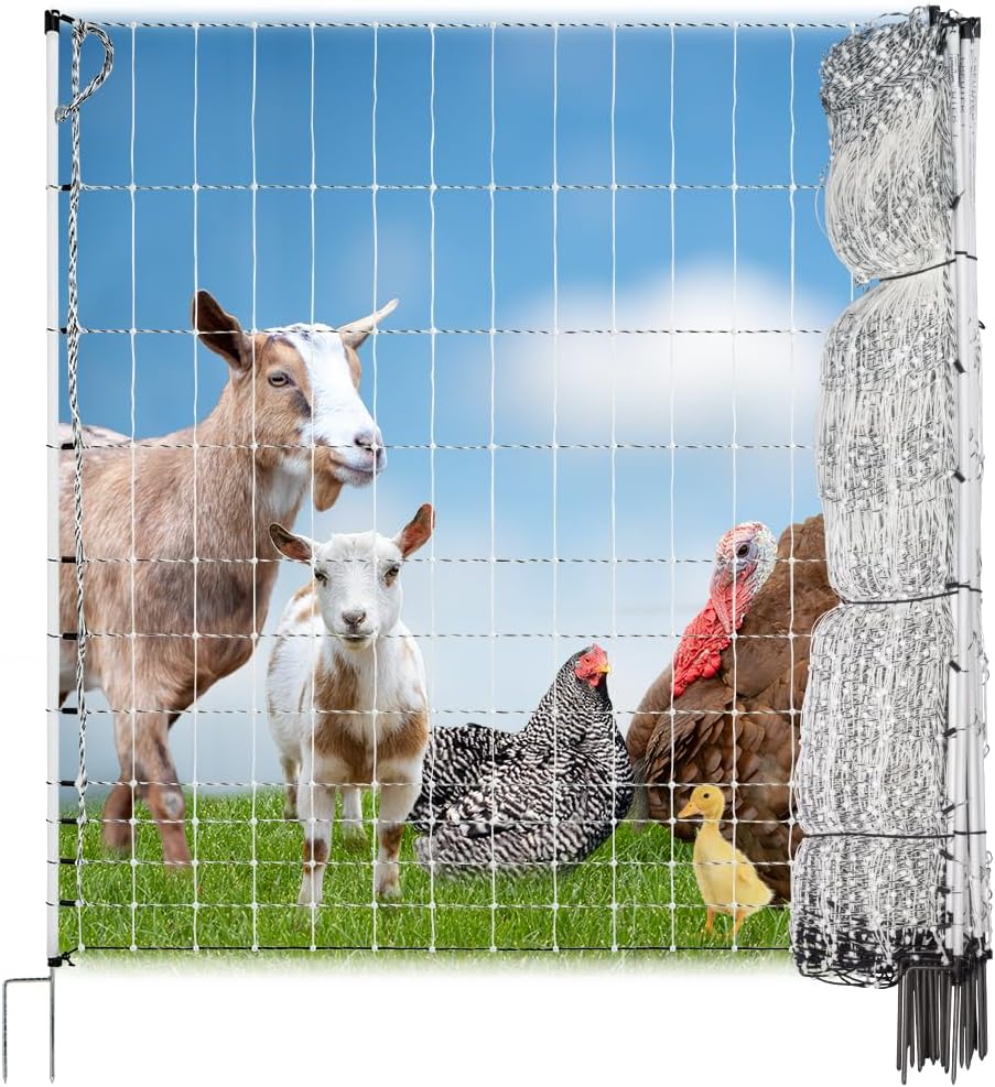 Premier 1 PoultryNetยฎ | Electric Fence for Backyard Chickens, Ducks, Turkeys with Step-in Posts โ 48"H x 164'L, White