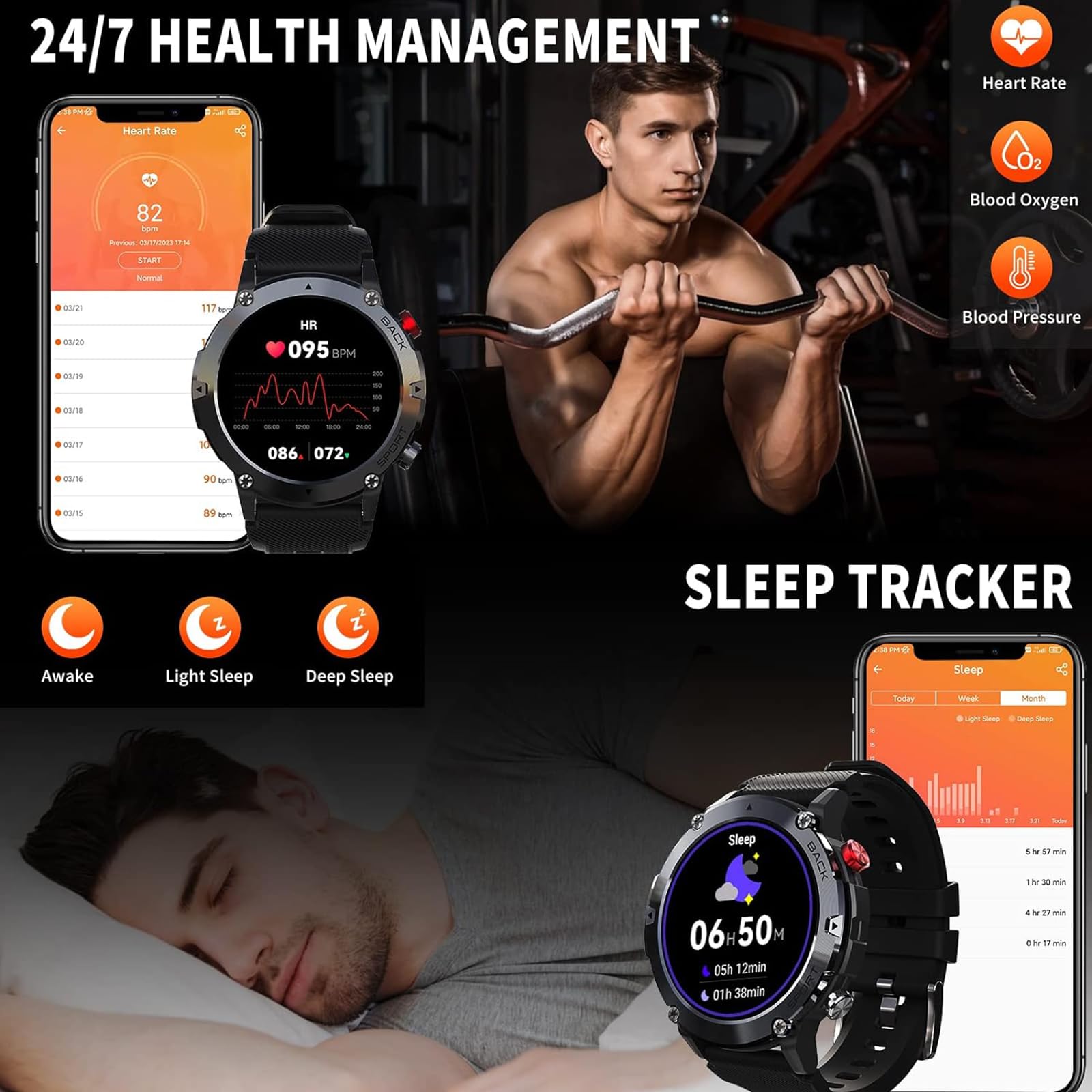 Reloj Inteligente, Relojes Inteligentes Militares Impermeables para Hombres con Llamada Bluetooth, Reloj De Seguimiento De Actividad Física Táctico Al Aire Libre De 1,32 Pulgadas,F