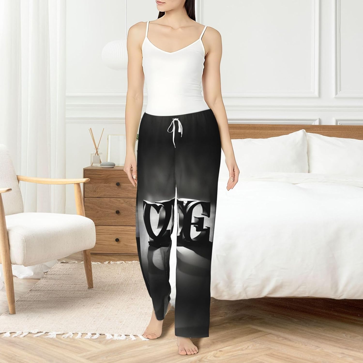 Love Font Print Cozy Christmas Pajama Pants,Flannel Pajama Bottoms,Cater To Various Body Types