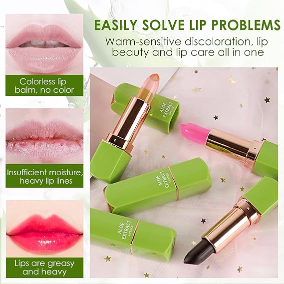 4 Piece Aloe Vera Colour Changing Lipstick, Magic Temperature Sensitive Hydrating Lip Balm Set, Natural Moisturizing Lip Tint, Long Lasting and Durable Lip Gloss for Women and Girls
