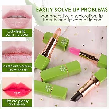4 Piece Aloe Vera Colour Changing Lipstick, Magic Temperature Sensitive Hydrating Lip Balm Set, Natural Moisturizing Lip Tint, Long Lasting and Durable Lip Gloss for Women and Girls