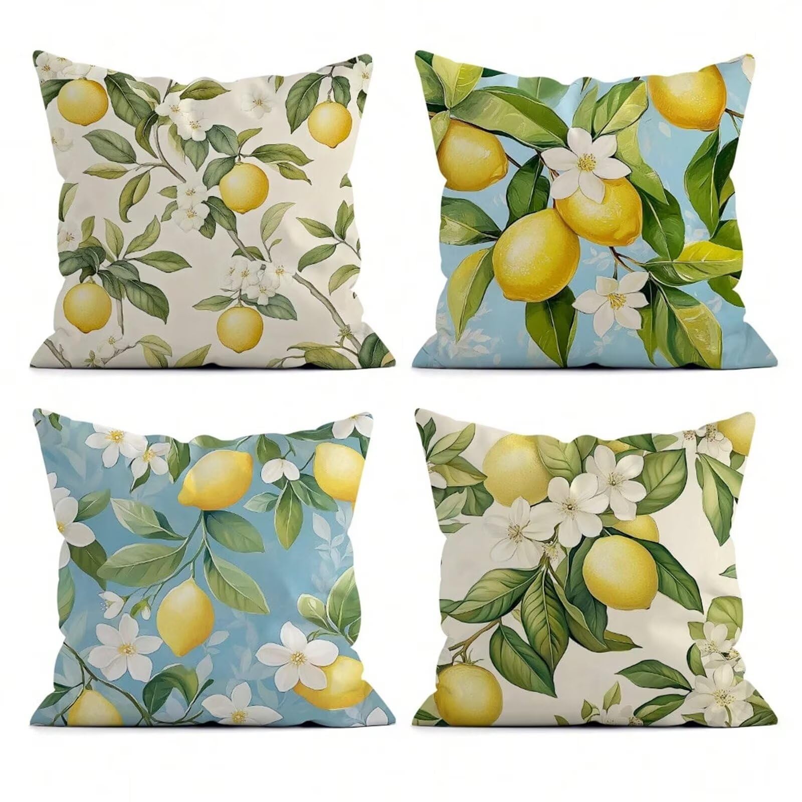 Heaen Outdoor Cushions Covers Waterproof 35x35 cm Set of 4 Square Linen Pillow Cases Flower Fruit Lemon Decorative Dushions for Sofa Porch Patio Home Decor