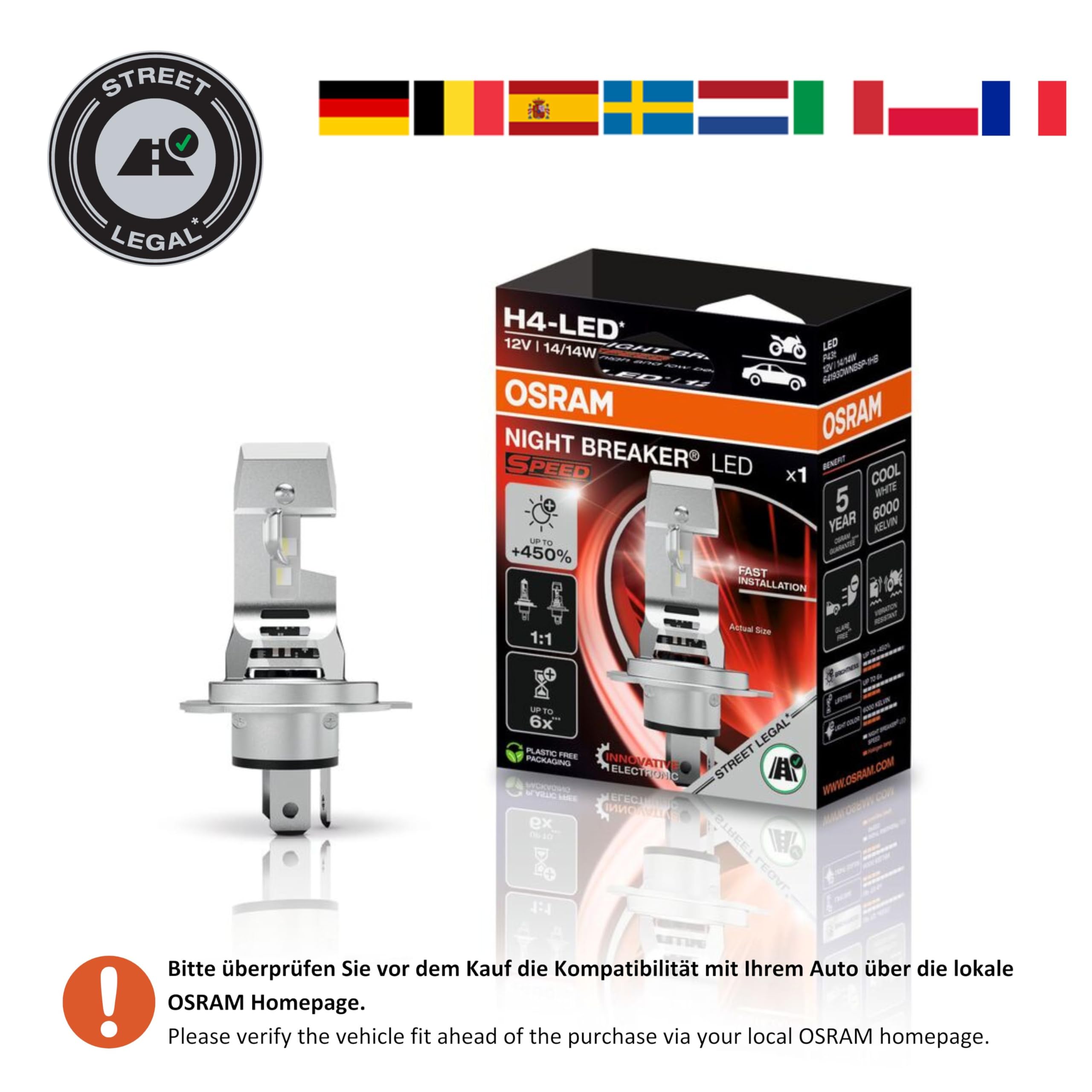 OSRAM NIGHT BREAKER LED SPEED H4 450 voor motorfietsen, LED-retrofitlamp voor straatlegale motorfietsen, tot 450% meer helderheid, 6000K, snelle installatie, geen mechanische accessoires nodig, 1 lamp OSRAM NIGHT BREAKER LED SPEED H4 450 voor motorfietsen, LED-retrofitlamp voor straatlegale motorfietsen, tot 450% meer helderheid, 6000K, snelle installatie, geen mechanische accessoires nodig, 1 lamp