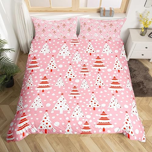 Vista 47 de Juego de funda de edredón rosa de Navidad para niñas, tamaño matrimonial, lindo juego de ropa de cama de dibujos animados de pingüino de Papá Noel