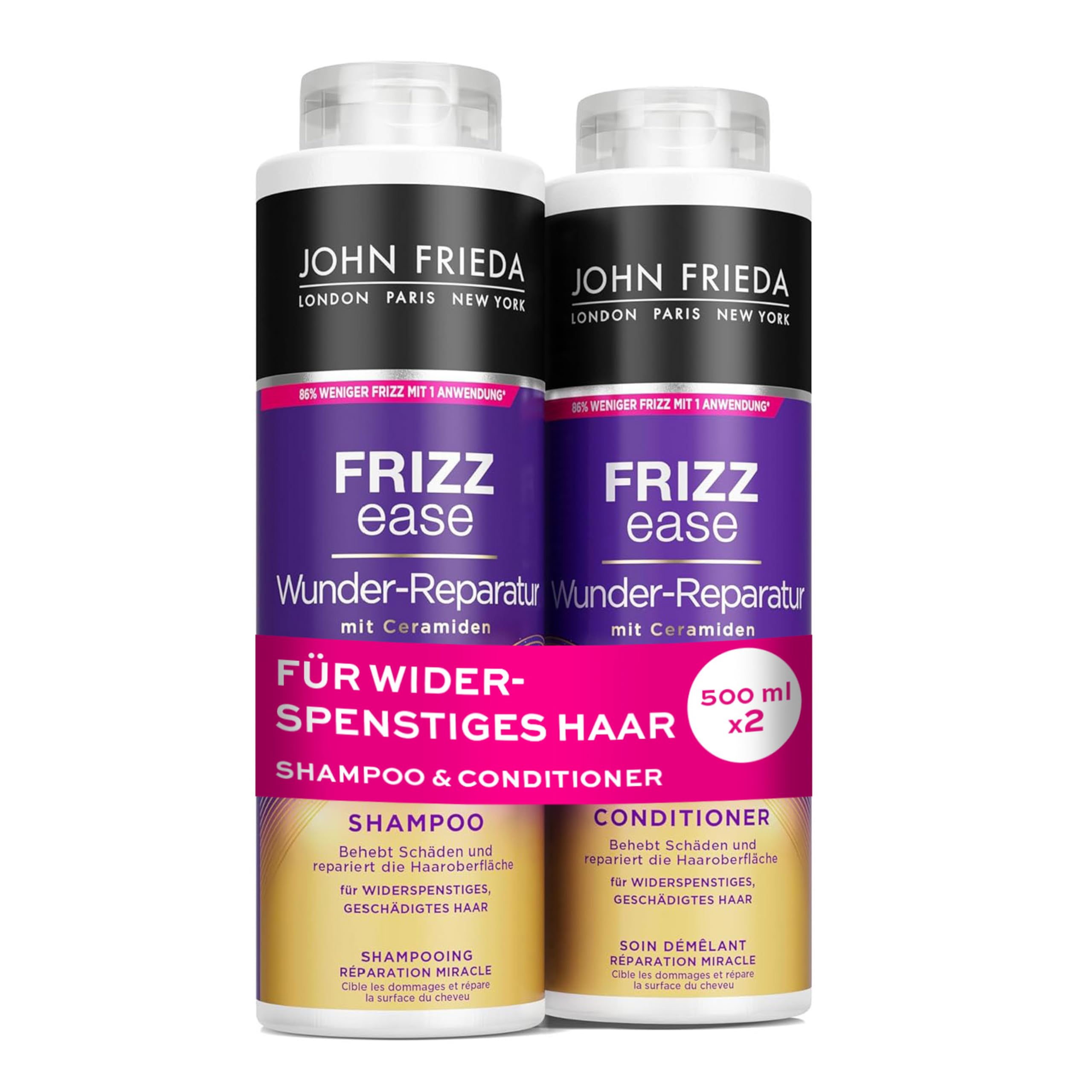 John Frieda Wunder zestaw szamponu naprawczego/odżywki – zawartość: 1 x szampon 500 ml i 1 x odżywka 500 ml – do ponownego napełniania – seria Frizz Ease – do niesfornych, zniszczonych włosów