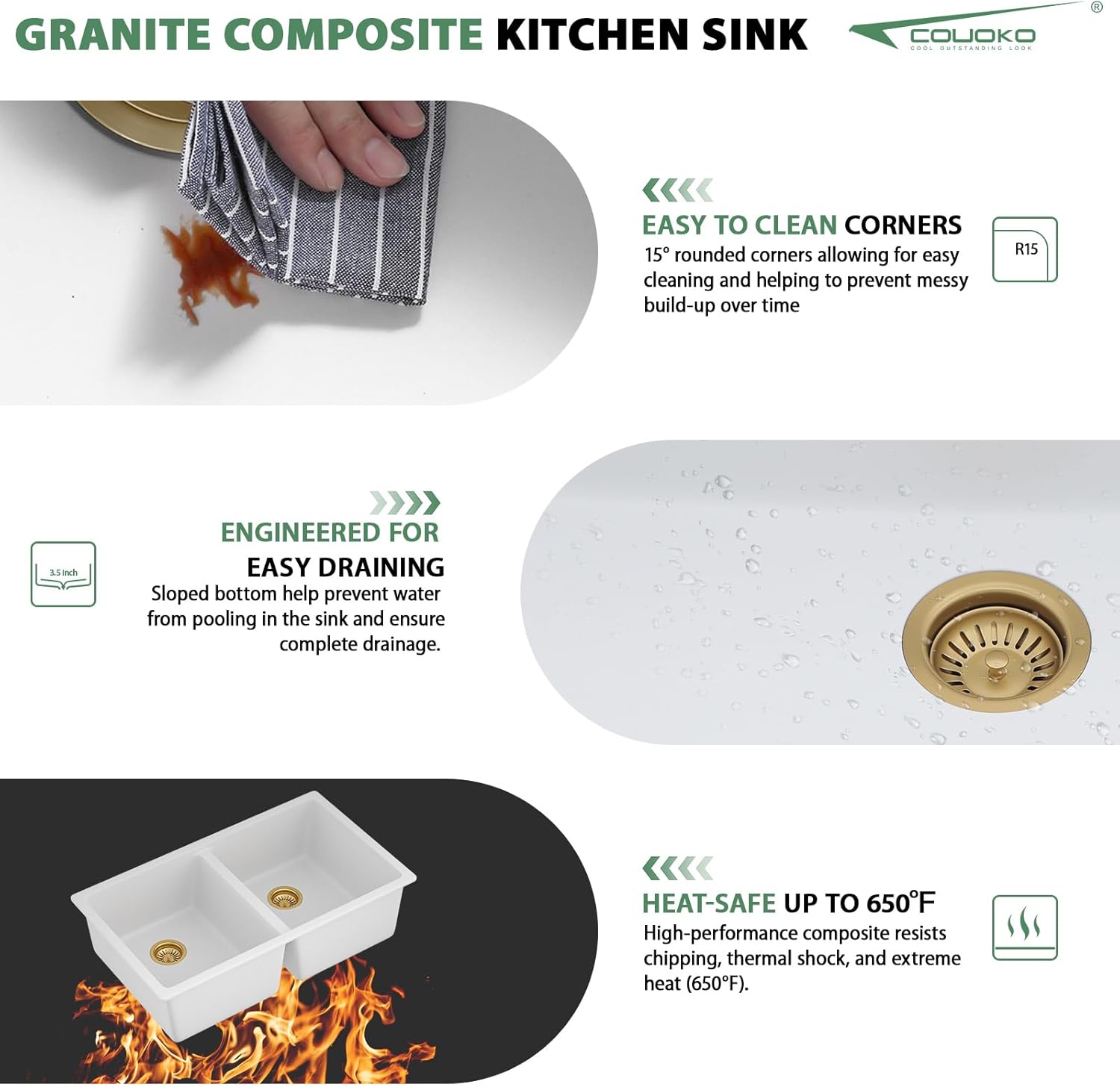 33 Granite Composite Kitchen Sink - Couoko 33x19 Inch White Undermount Granite Kitchen Sink White Quartz Sink Under Counter 50/50 Double Bowl Sink Basin