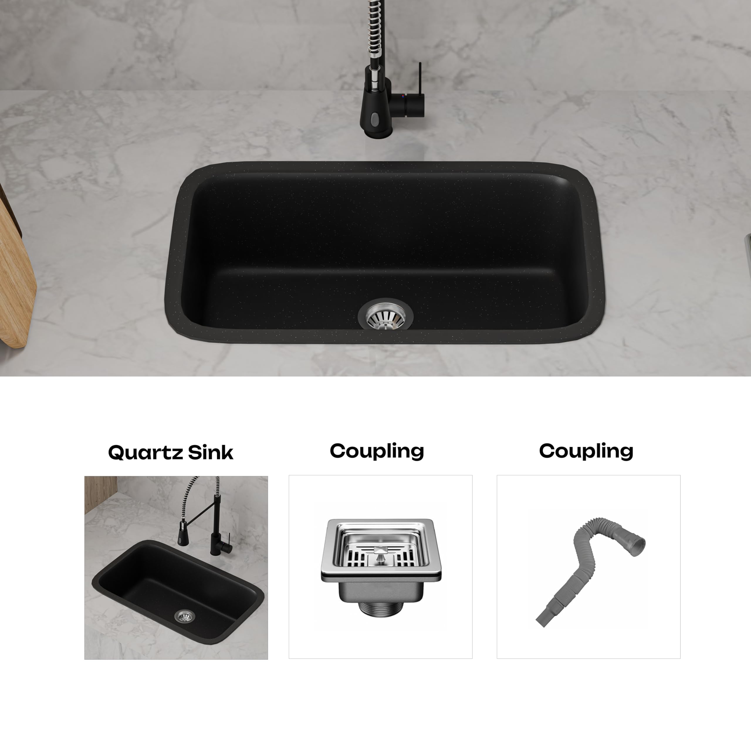 HISRE Quartz Single Bowl Kitchen Sink with Round Corners | 31x19x10 Inches | Noise Reducing Durable Easy to Clean Scratch Resistant Kitchen Sink for Modern Homes | Black, photo 5 of 5