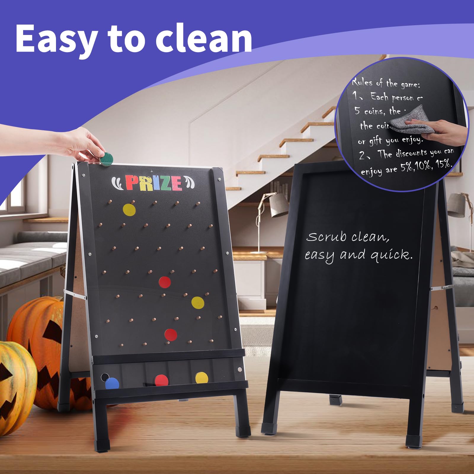 Tablero de juego Prize Drop, 15.7 x 27.5 pulgadas, diseño plegable de doble cara con letrero de pizarra de madera con marco en A para familia, carnaval, feria comercial y fiesta, incluye 10 discos de
