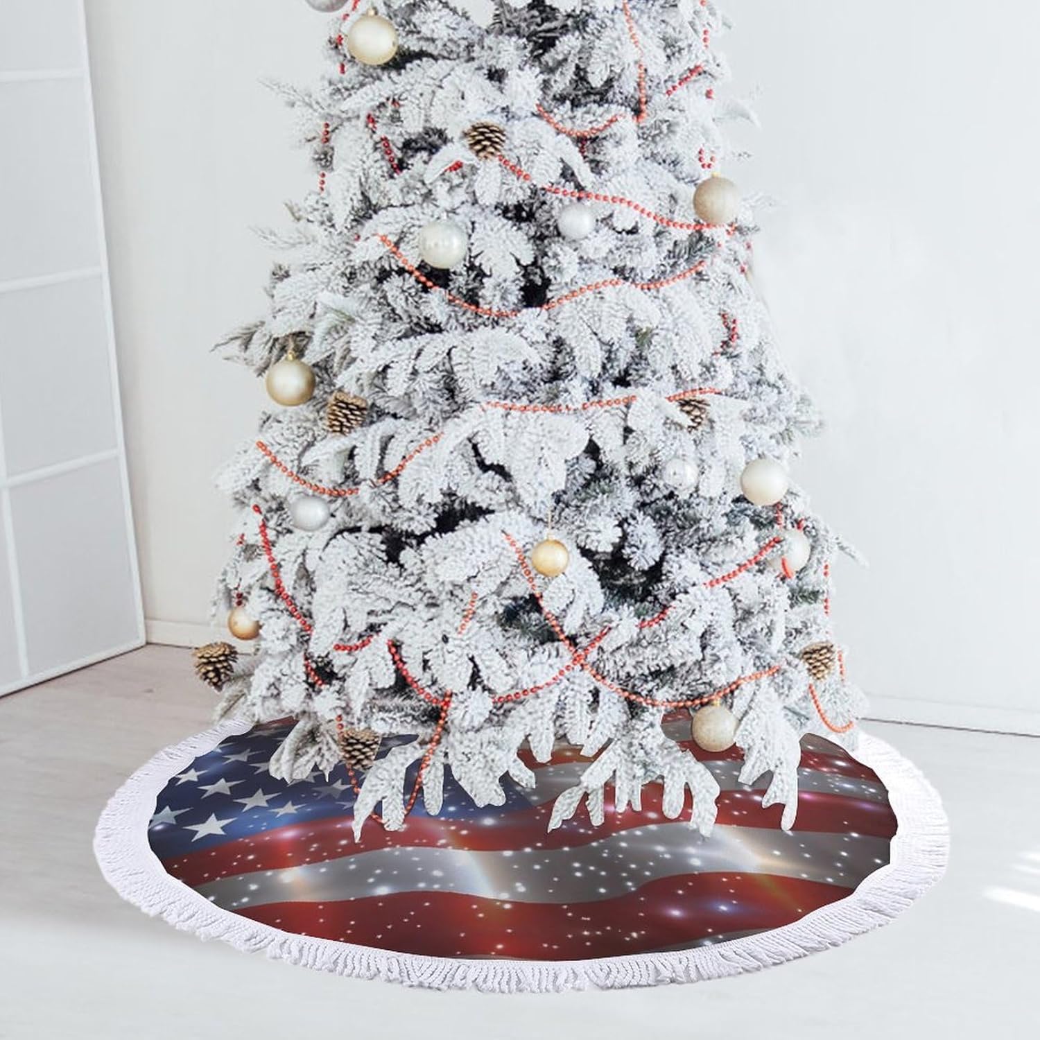 USA Flag Celebration Fireworks Christmas Tree Skirt Round Xmas Tree Mat Ornaments Tree Skirts with Tassels for Holiday Party