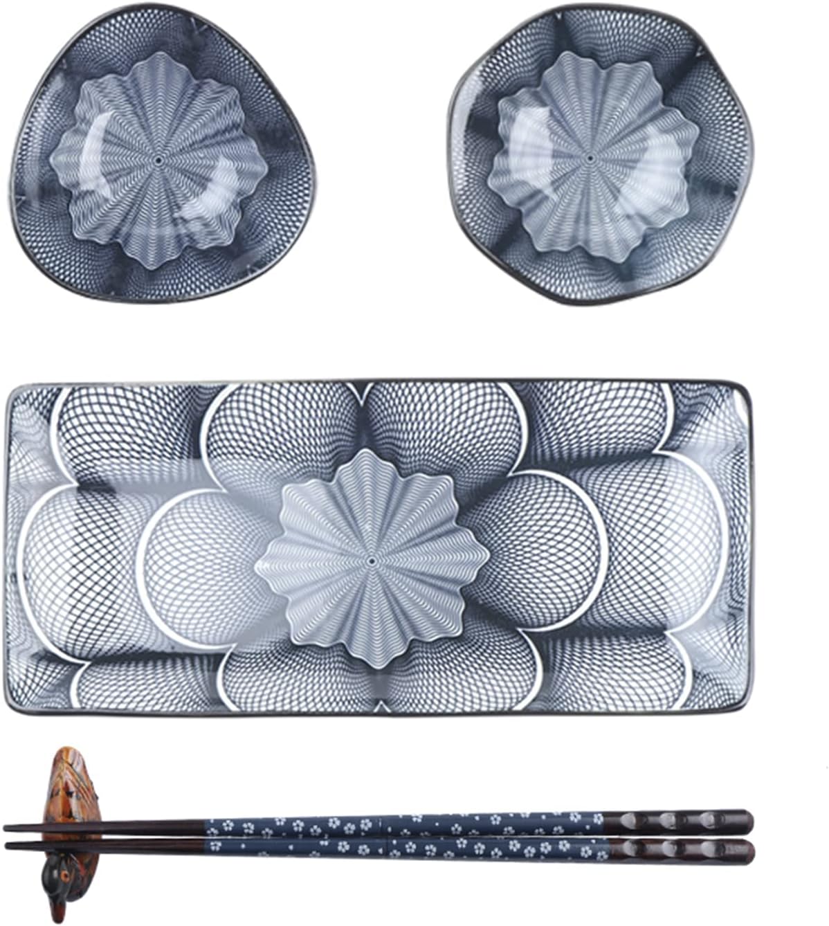 Artcome 10 Pcs Japanese Style Ceramic Sushi Plate Dinnerware Set for Wedding Housewarming - 2 Sushi Plates, 2 Sauce Dishes, 2 Snack Bowl, 2 Pairs of Chopsticks, 2 Chopsticks Holders, Dark Blue