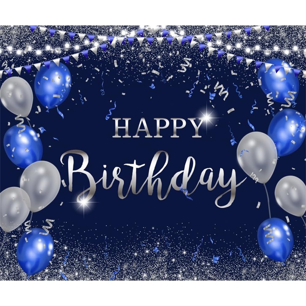 3,6 x 2,4 m blauer Geburtstags-Hintergrund, königsblau, glitzernd, silberfarbene Punkte, Luftballons, Flaggen, Bänder, Happy Birthday, Fotografie, Hintergrund, Geburtstagsparty, Banner