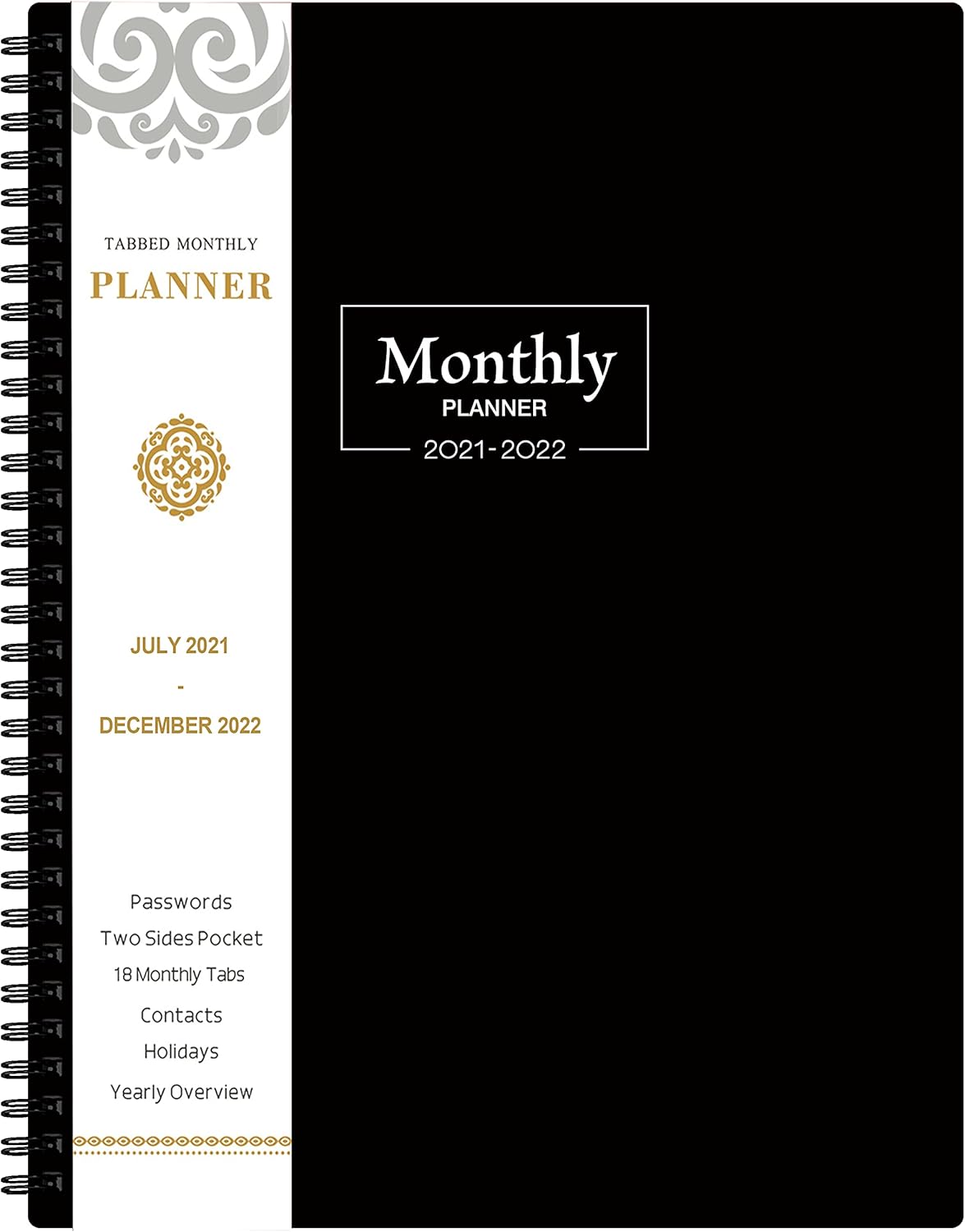 2021-2022 Monthly Planner/Calendar - 18-Month Planner with Tabs & Pocket, Contacts and Passwords, 8.5" x 11", Thick Paper, Jul. 2021 - Dec. 2022, Twin-Wire Binding - Black : Office Products