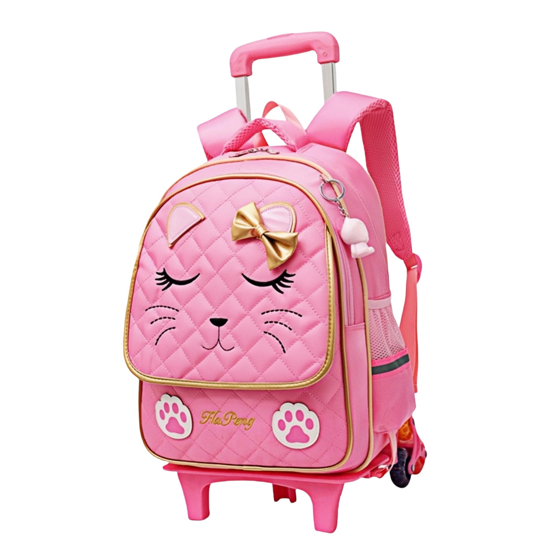 Cute Rolling Backpack for Girls Trolley School Bags Cat-face Bowknot Girls Backpacks with Wheels Kids Carry-on Travel Luggage Pink-6 Wheels