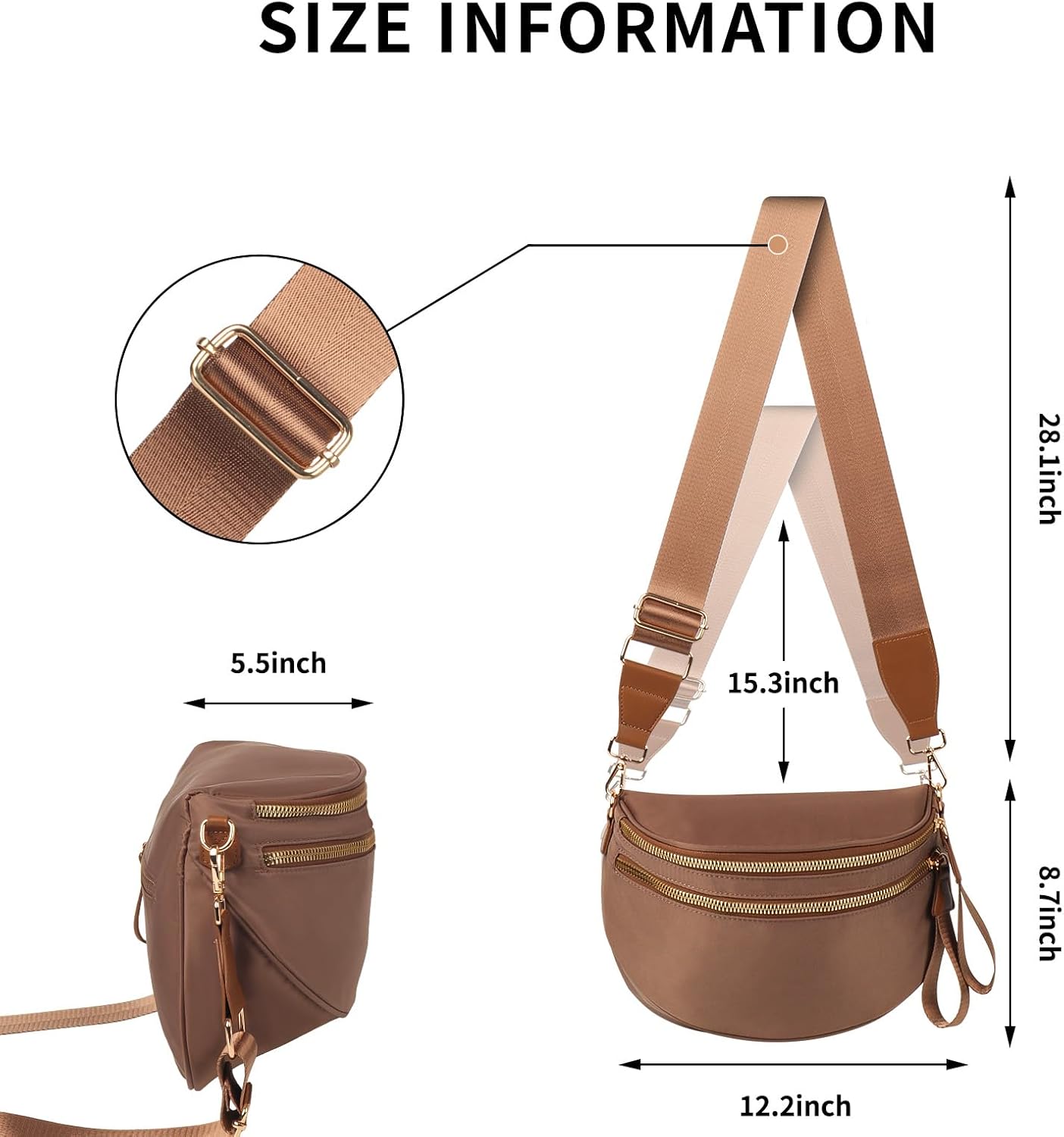 女性用クロスボディバッグ クロスボディパース バムバッグ Lサイズ ファニーウエストパック 調節可能なストラップ付き キャラメルブラ