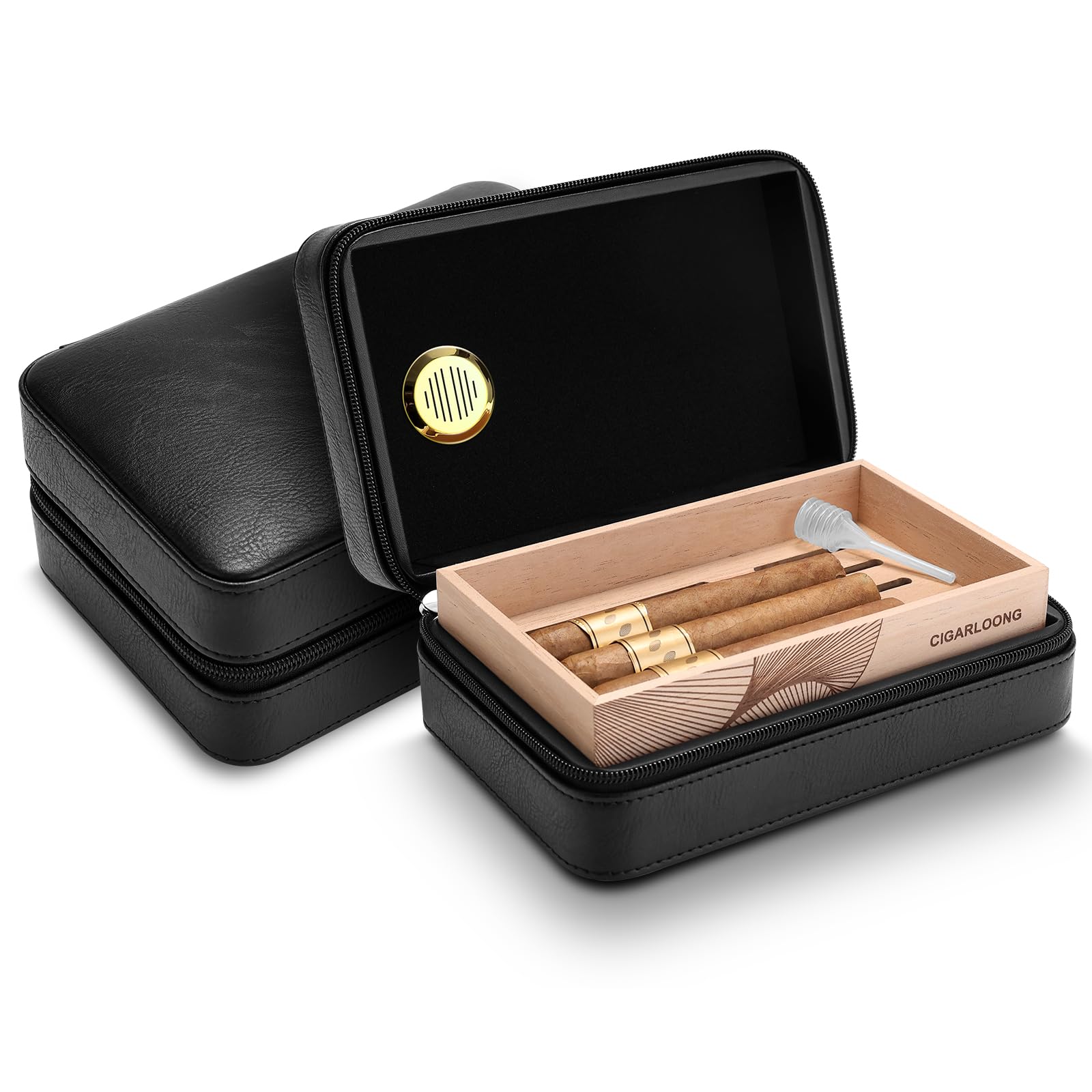 Zigarren-Humidor, Zigarrenetui aus Leder mit Zedernholzregal, tragbarer Reise-Zigarren-Humidorkoffer mit Luftbefeuchter, kann 10 Zigarren aufnehmen (Schwarz)
