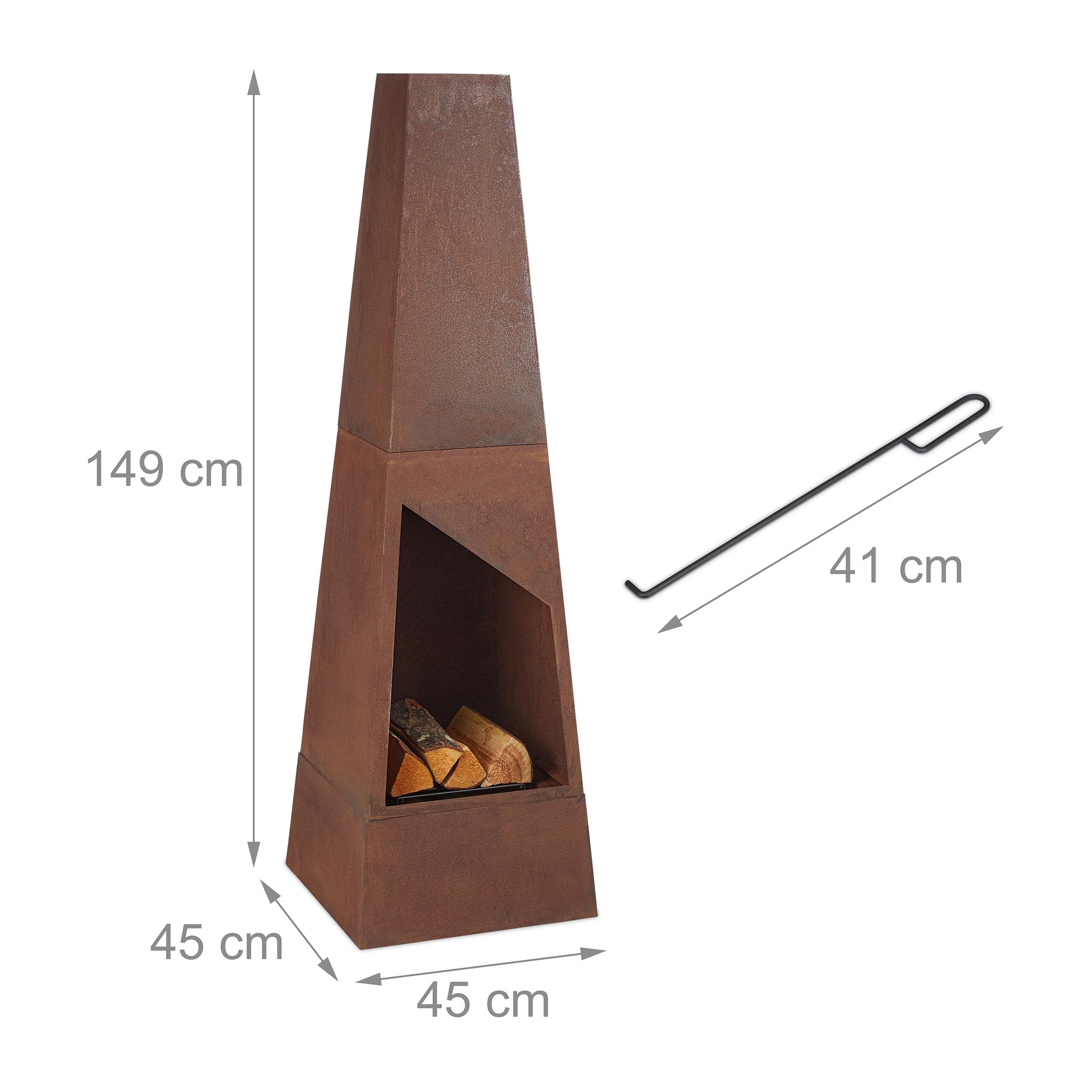 Relaxdays Gartenkamin Cortenstahl, Aschekasten, Feuerrost & Schürhaken, Edelrost Terrassenofen, HBT: 149x45x45cm, braun