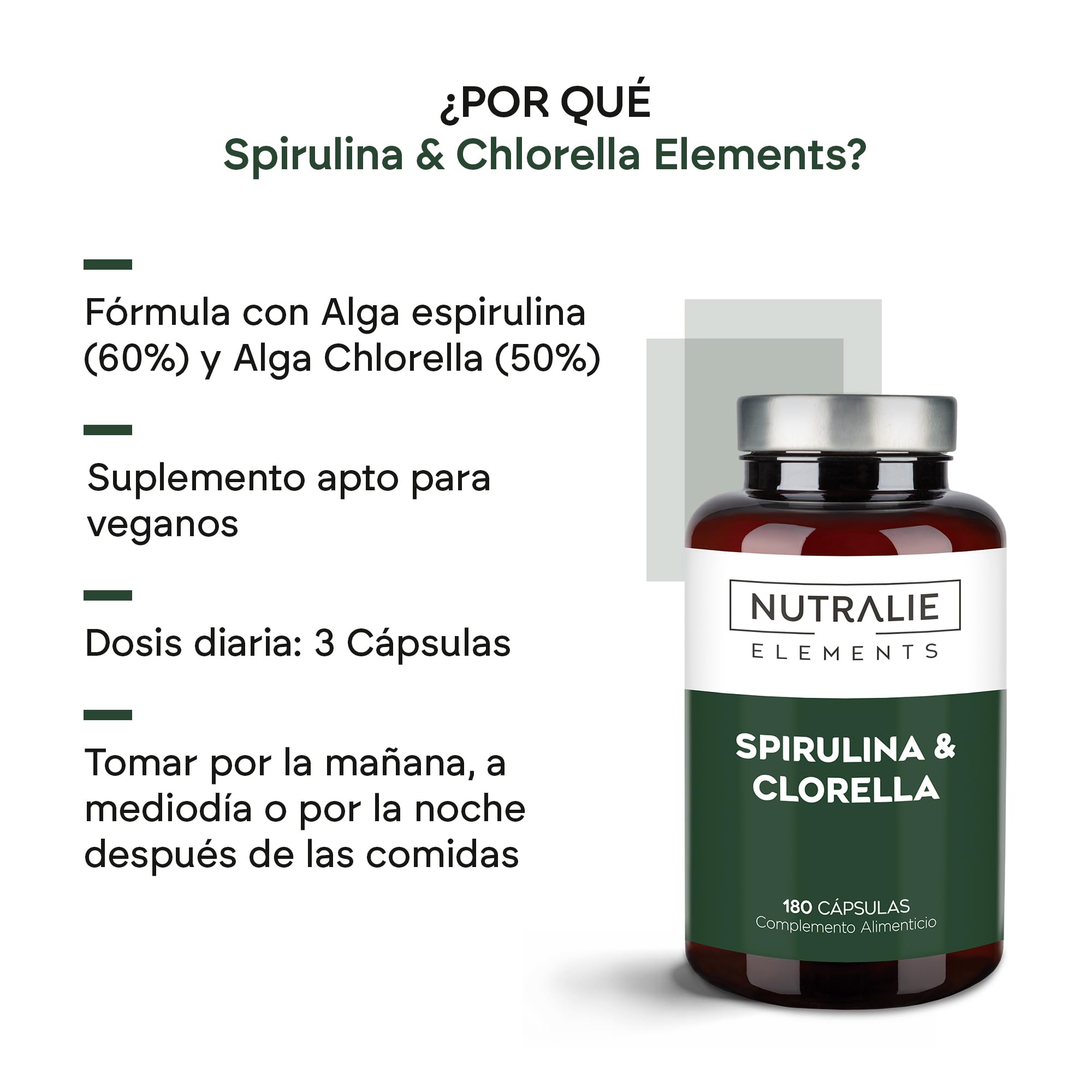 Espirulina y Chlorella 1800mg - Energía - BIO-disponible y Vegana - 180 Cápsulas de Algas de Espirulina y Chlorella - Spirulina Vegana - 180 Cápsulas Nutralie