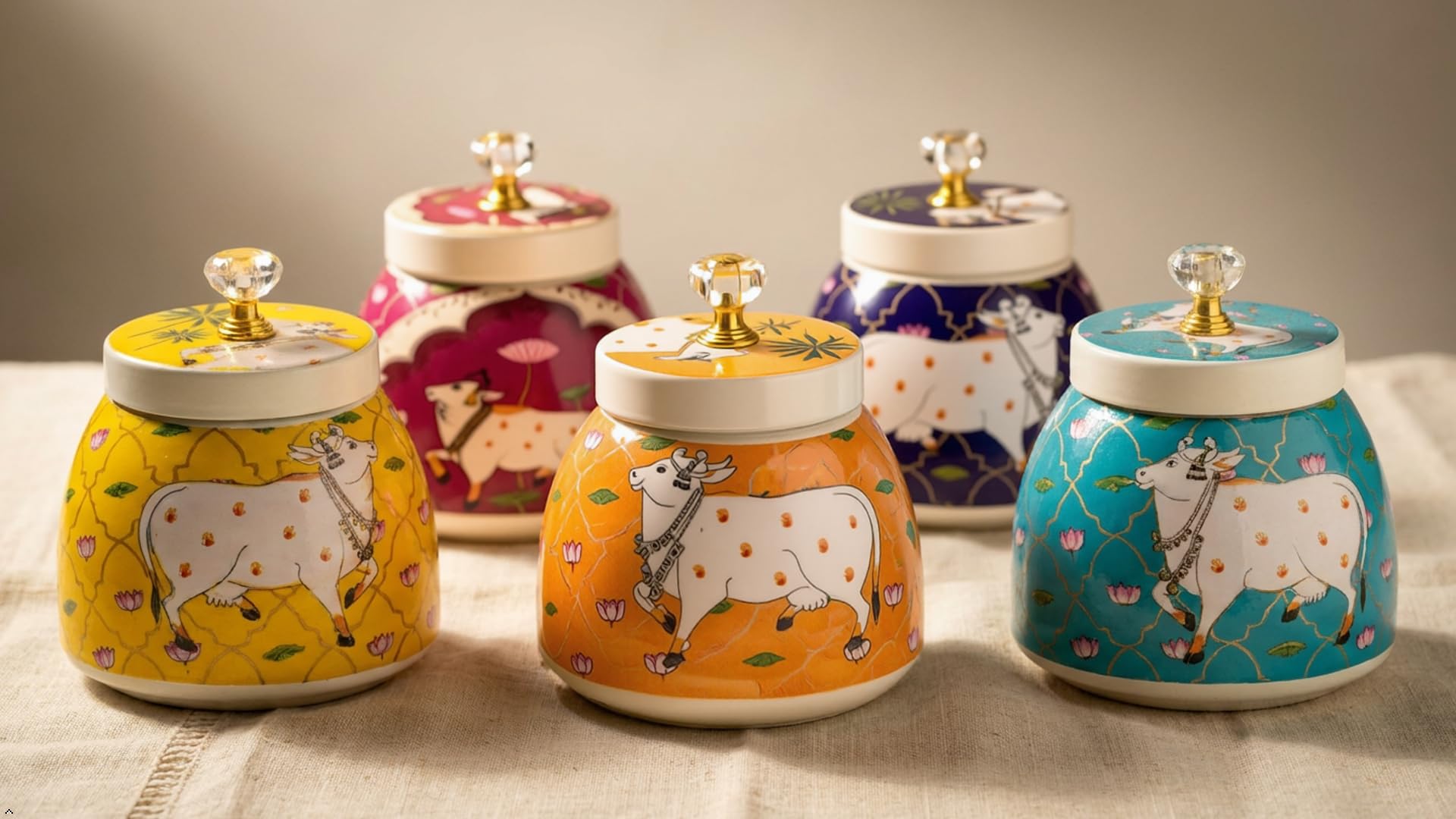 Pichwai Metal Jar Set of 6 with Lids | Multicolor Dry Fruit & Mukhwas Containers | Traditional Decorative Storage Jars for Kitchen, Festive Gifting & Home Décor-image-20