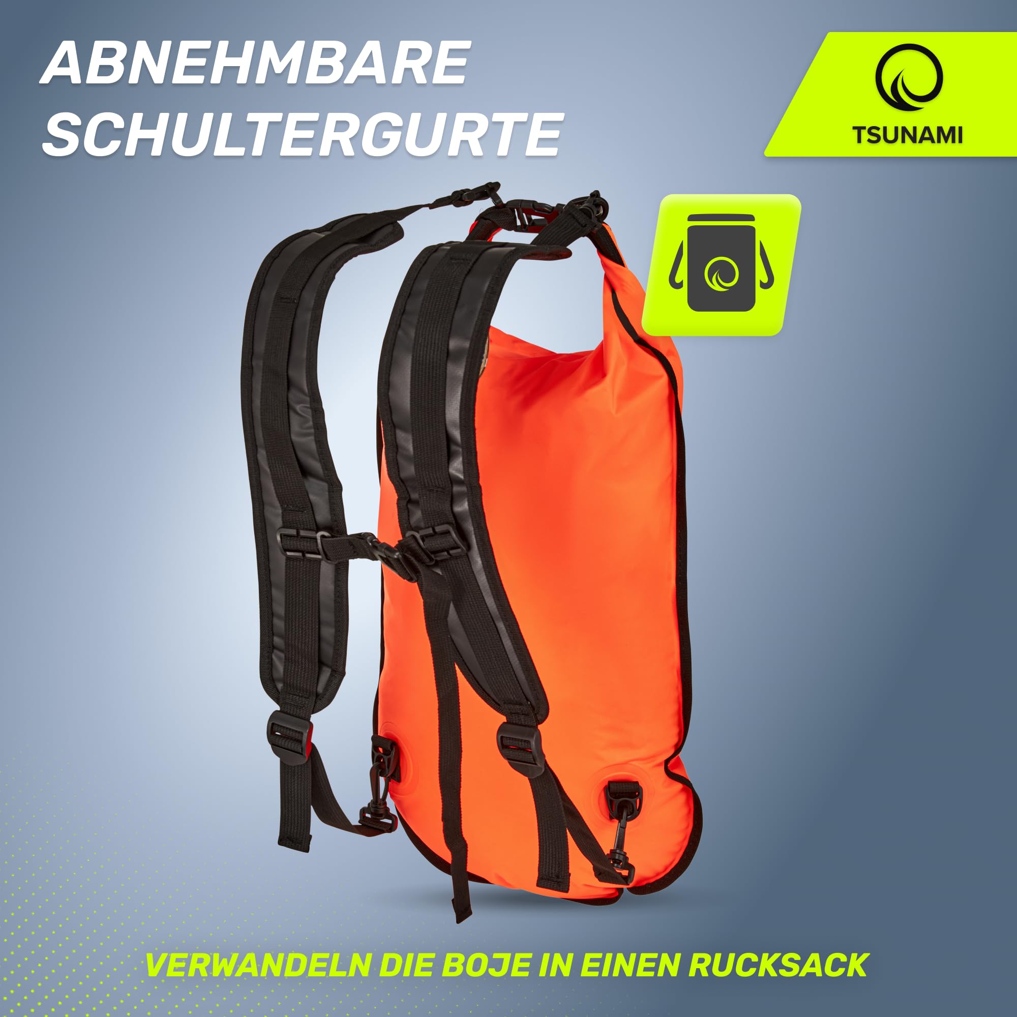 TSUNAMI Schwimmboje PRO mit 2-in-1-Trockentasche, Aufblasbare Schwimmhilfe für Schwimmen, Schnorcheln, SUP, Freiwasserschwimmen und Wildschwimmen, Sicherheitsboje, sichtbare Boje