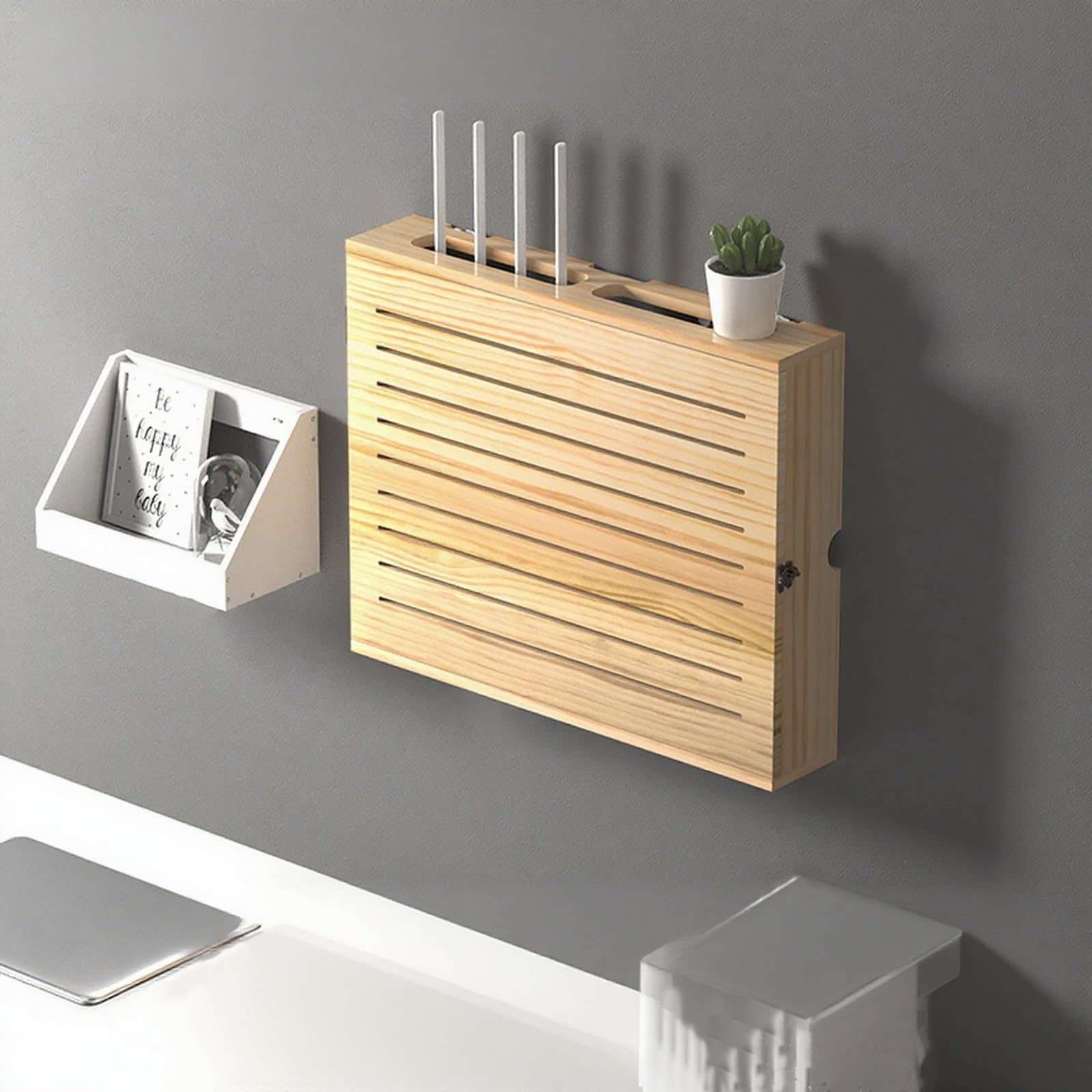 Boîtier de rangement routeur WiFi et meuble multimédia suspendu à étagères