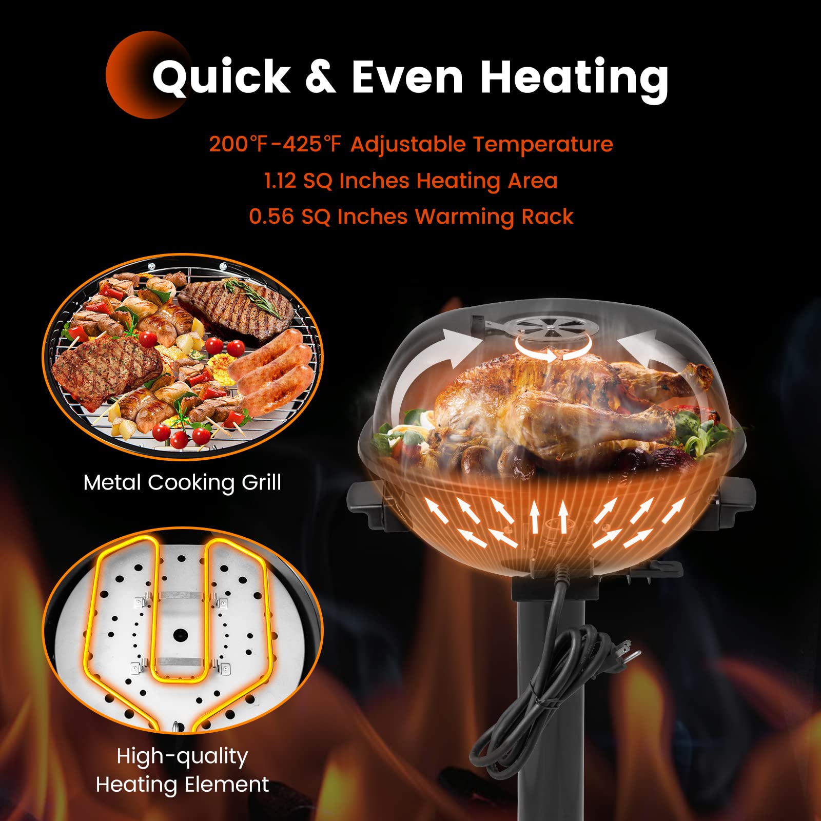 ARLIME Grill elettrico da esterno 1600 W, supporto per barbecue per 15 porzioni, temperatura regolabile, vassoio Greqase rimovibile, barbecue portatile per campeggio, feste, balcone, giardino