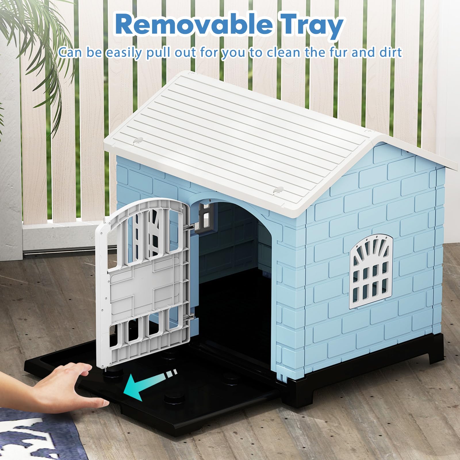 GOPLUS Caseta para Perros de Plástico, Casa para Perro con 3 Ventanas, Puerta con Cerradura, Techo Inclinado, Bandeja Extraíble, Perrera Interior Exterior para Perros Pequeños Medianos Patio (Azul)