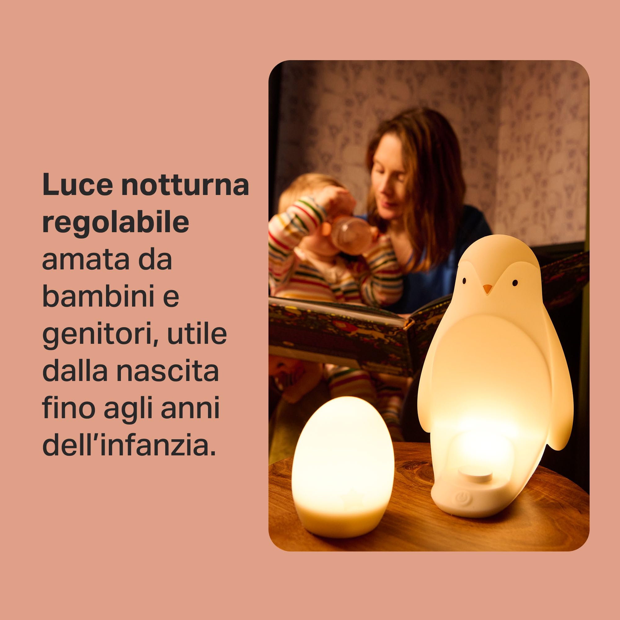 Tommee Tippee Luce da notte portatile pinguino per stanza da letto 2-in-1 con luce a uovo portatile, luminosità regolabile, alimentata via USB