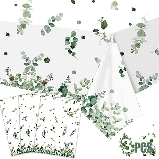 3Pcs Eucalyptus Leaf Tablecloth,Sage Green Plastic Table